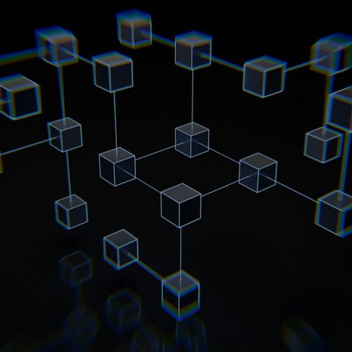 Glowing 3D blockchain of connected cubes on a dark background, illustrating blockchain security for business