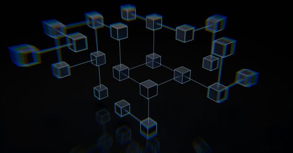 Glowing 3D blockchain of connected cubes on a dark background, illustrating blockchain security for business
