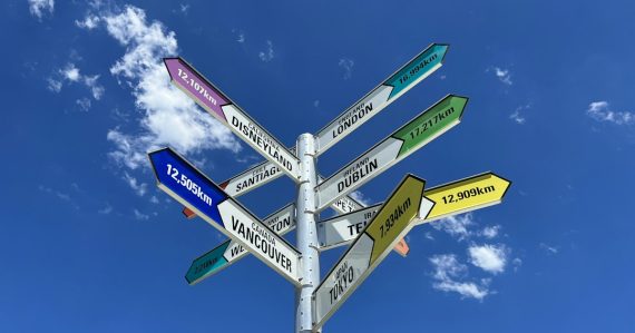 A sign post with several street signs, illustrating the federal roadmap for cloud adoption