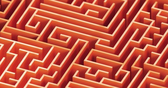 A complex orange maze, illustrating complexity worries about cloud computing
