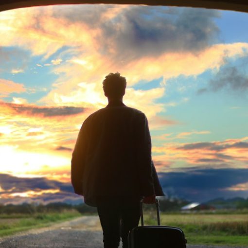 Business traveler with luggage watching a sunset at an airport window, illustrating cloud beyond IT