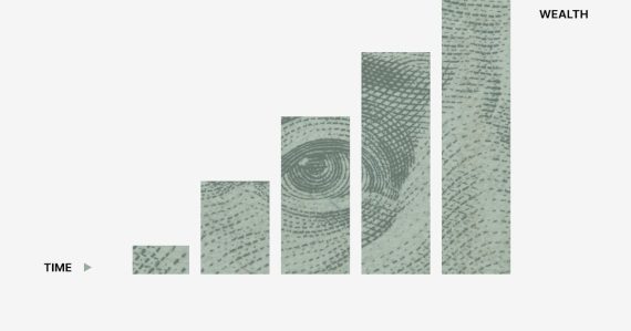 A bar chart of rising wealth made from US dollar bills, illustrating cloud raising total IT expenditure