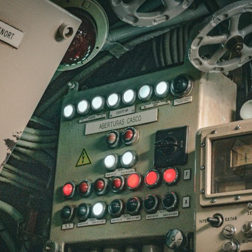 A submarine control panel full of buttons and dials, illustrating cloud governance over ownership