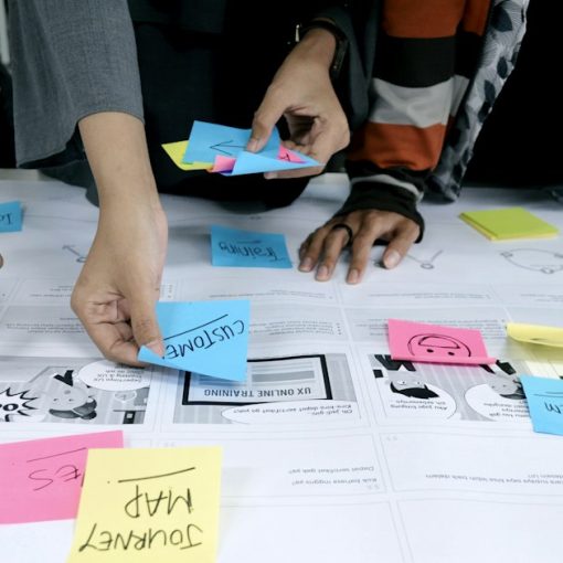 Team collaborating with sticky notes, illustrating the cloud as a driver of innovation