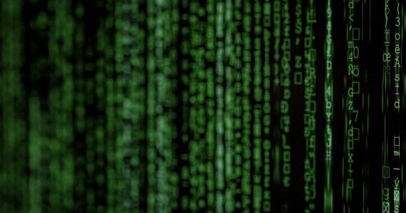 Columns of glowing green digital code on a dark background, illustrating improving security in the cloud