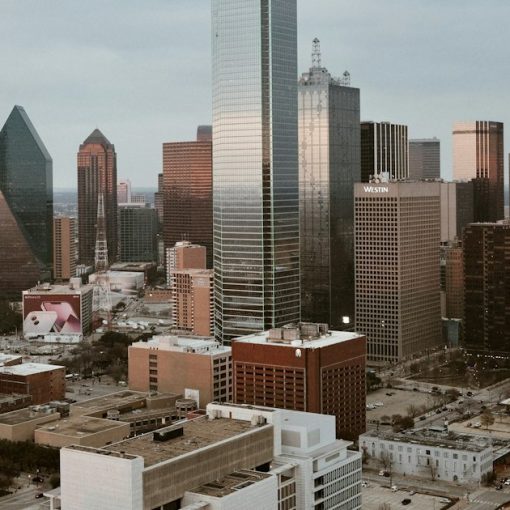 A view of a city with tall buildings, illustrating Dallas companies adopting cloud computing