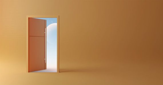 An open door revealing a bright blue sky, illustrating the end of authoritarian IT departments