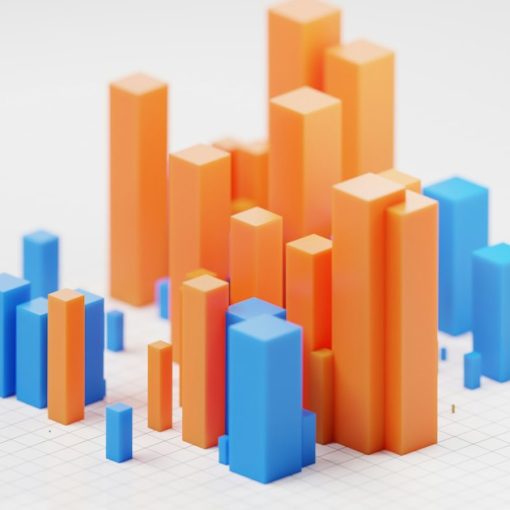 Orange and blue 3D bar chart columns on a white grid surface, illustrating the state of desktop virtualization