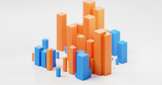 Orange and blue 3D bar chart columns on a white grid surface, illustrating the state of desktop virtualization