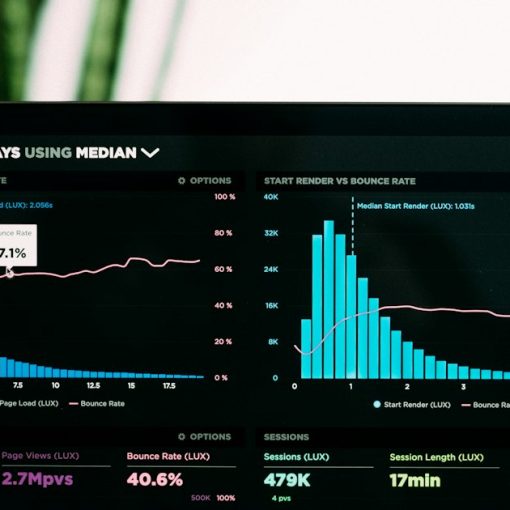 Graphs of performance analytics on a laptop screen, illustrating analytics, mobile, cloud and social applications