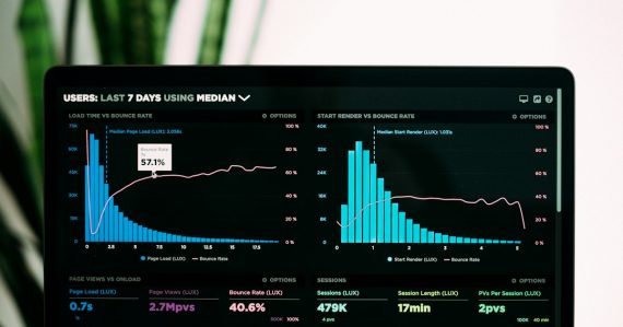 Graphs of performance analytics on a laptop screen, illustrating analytics, mobile, cloud and social applications
