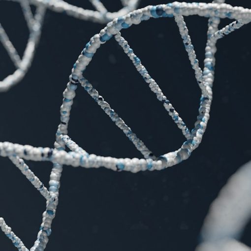 A white and blue DNA double helix structure against a dark background, illustrating DNA sequencing in the cloud