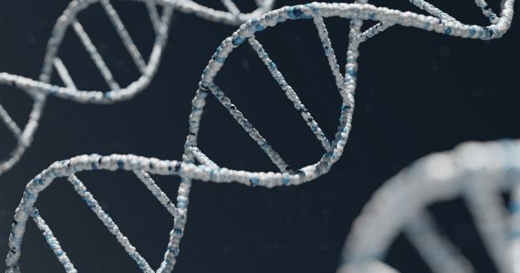 A white and blue DNA double helix structure against a dark background, illustrating DNA sequencing in the cloud