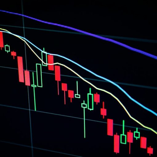 Stock market candlestick chart on dark screen, illustrating cloud computing for high-end trading