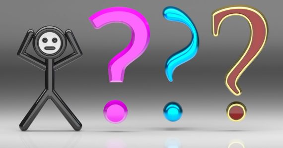 A black stick figure with hands on head beside three colorful question marks, illustrating hosted desktop strategy questions