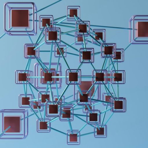 A network of interconnected cubes and blue lines, illustrating the intelligent network behind cloud computing