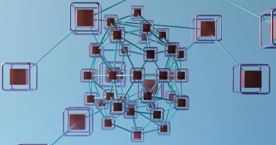 A network of interconnected cubes and blue lines, illustrating the intelligent network behind cloud computing