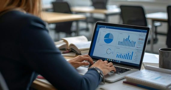 Woman working on laptop with charts and graphs, illustrating improving performance while lowering costs