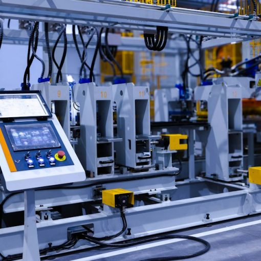 A control panel with a touchscreen on an industrial manufacturing machine, illustrating manufacturing in the cloud