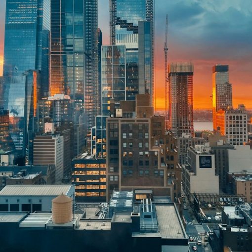 A view of a city at sunset from the top of a building, illustrating public cloud services growth