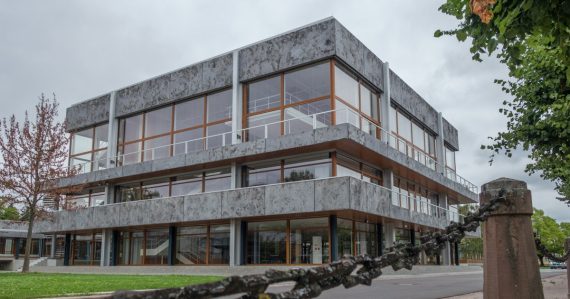 Modern concrete building with large windows and a chain fence, illustrating public sector cloud revenue growth