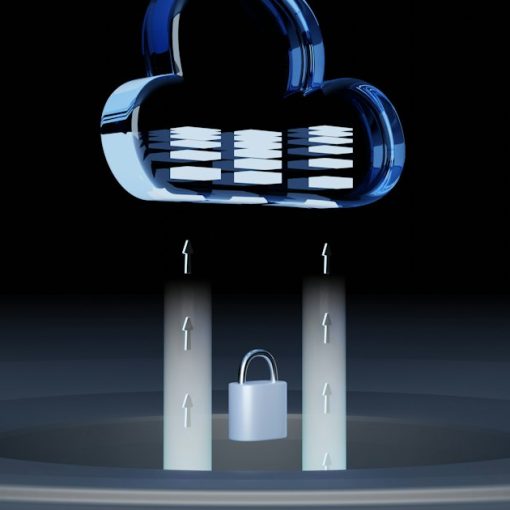 A blue glass cloud icon with data layers above a silver padlock, illustrating the cloud as a safe place for data