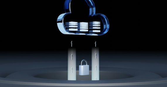 A blue glass cloud icon with data layers above a silver padlock, illustrating the cloud as a safe place for data