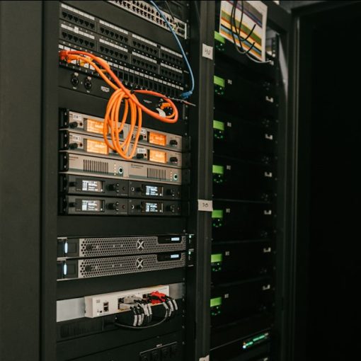 A rack of servers in a server room, illustrating primary server virtualization hypervisors