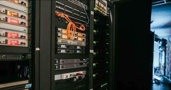 A rack of servers in a server room, illustrating primary server virtualization hypervisors