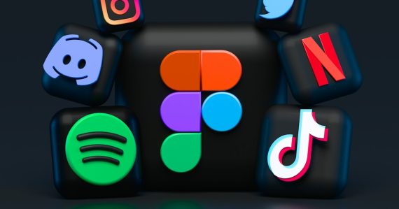 Social media and streaming app icons around a Figma logo, illustrating social media and desktop virtualization for SMBs