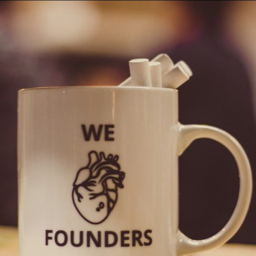 Ceramic mug printed with we Founders, illustrating small firms capitalising on the cloud