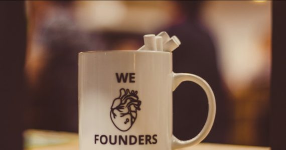 Ceramic mug printed with we Founders, illustrating small firms capitalising on the cloud
