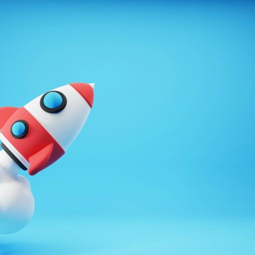 A red and white rocket ship flying through the sky, illustrating start-ups thriving on tech advances