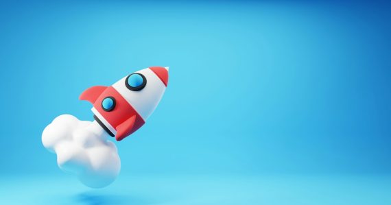 A red and white rocket ship flying through the sky, illustrating start-ups thriving on tech advances