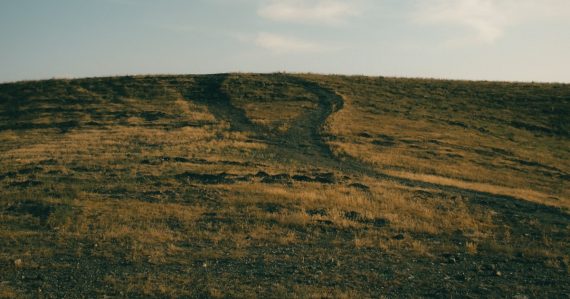 Dirt paths diverge on a dry, grassy hill, illustrating whether to adopt the cloud