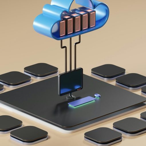 3D render of cloud computing concept, illustrating cloud versus hosting and managed services