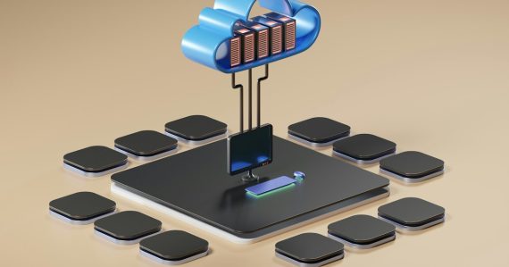3D render of cloud computing concept, illustrating cloud versus hosting and managed services