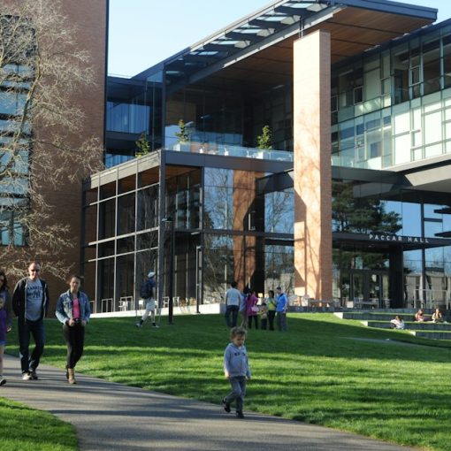 People walking near Paccar Hall at the University of Washington, illustrating UT Dallas cloud computing research
