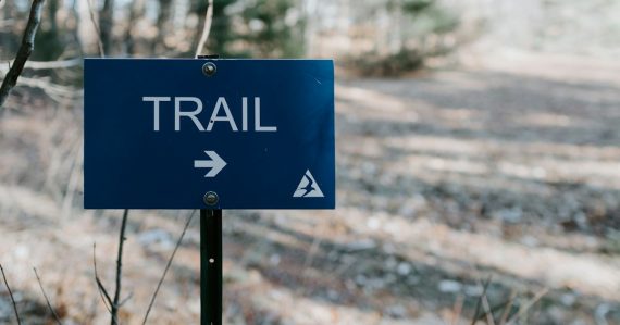 A blue sign pointing to a trail in the woods, illustrating virtualization challenges in India