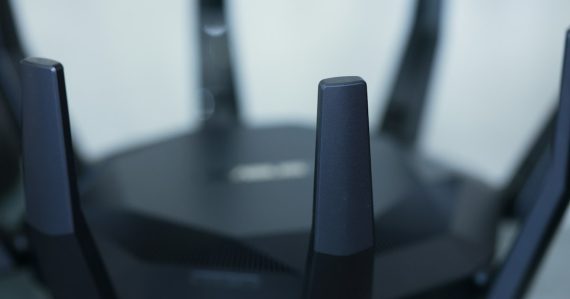 A close-up of a wireless router, illustrating network and VoIP security tips
