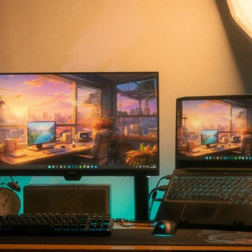 A modern desk setup with two screens, illustrating creating a Windows 8 virtual machine