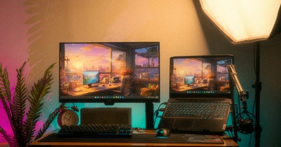 A modern desk setup with two screens, illustrating creating a Windows 8 virtual machine